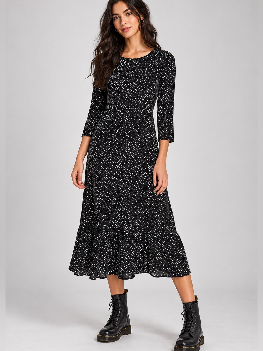 Aritzia Little Moon Dress Womens XS Black White Polka Dot Midi 3/4 Sleeve